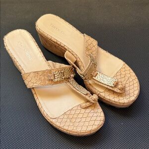 Taryn Rose Beige Wedge Sandals with Gold Accents